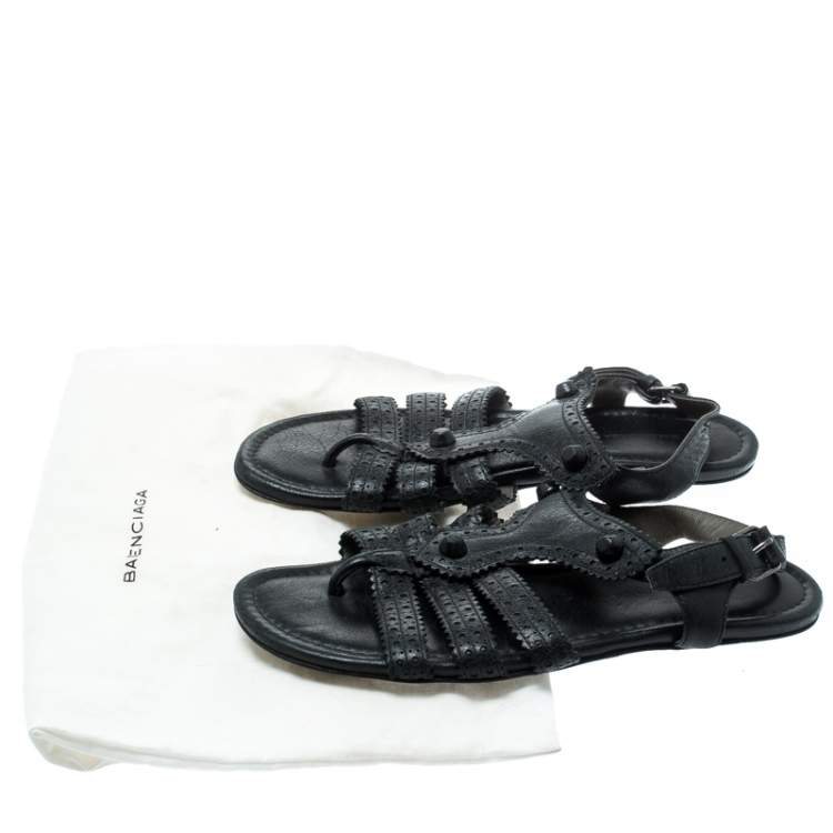 Pre Owned Balenciaga Black Leather Arena T-Strap Flat Sandals Size 37