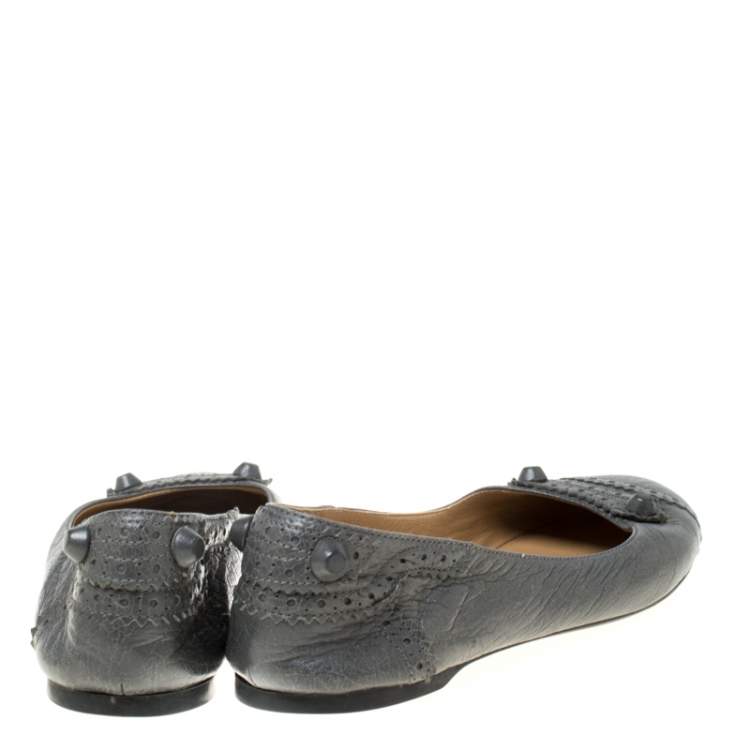 Pre Owned Balenciaga Grey Brogue Leather Arena Studded Ballet Flats Size 39.5