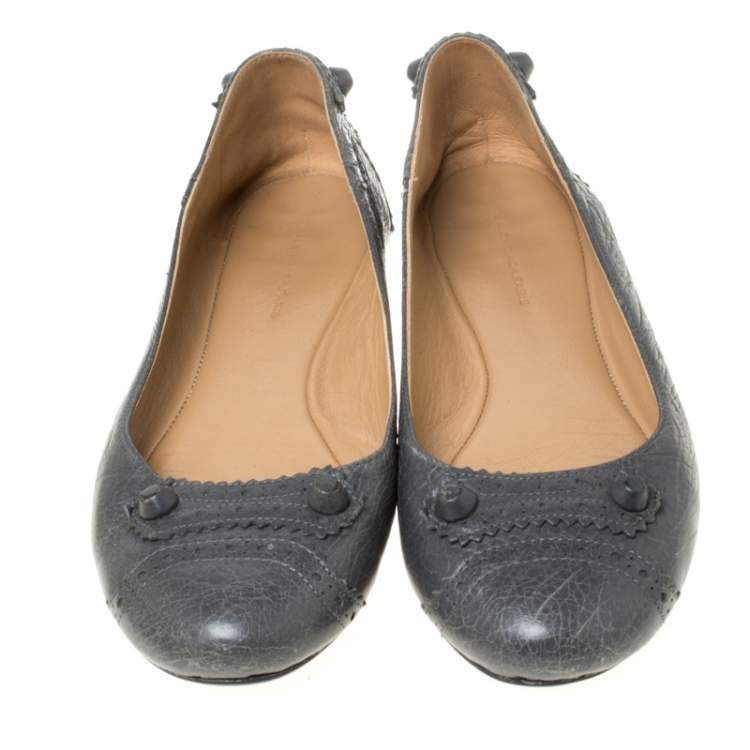 Pre Owned Balenciaga Grey Brogue Leather Arena Studded Ballet Flats Size 39.5