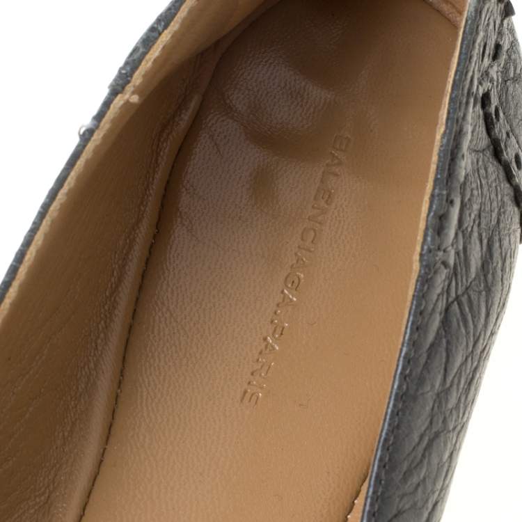 Pre Owned Balenciaga Grey Brogue Leather Arena Studded Ballet Flats Size 39.5