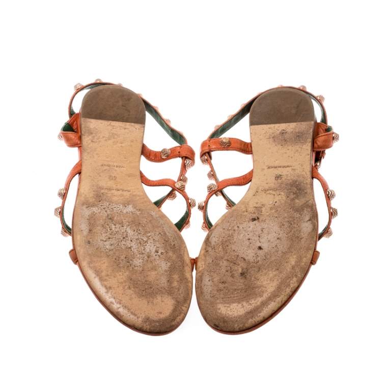 Pre Owned Balenciaga Orange Anthracite Lambskin Leather Arena Strappy Flat Thong Sandals Size 40