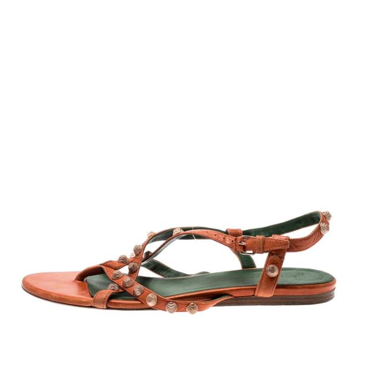 Pre Owned Balenciaga Orange Anthracite Lambskin Leather Arena Strappy Flat Thong Sandals Size 40