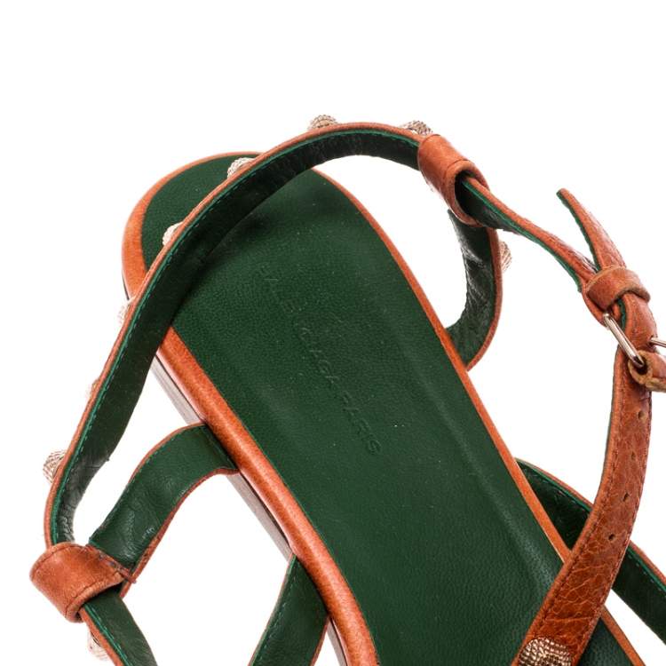 Pre Owned Balenciaga Orange Anthracite Lambskin Leather Arena Strappy Flat Thong Sandals Size 40