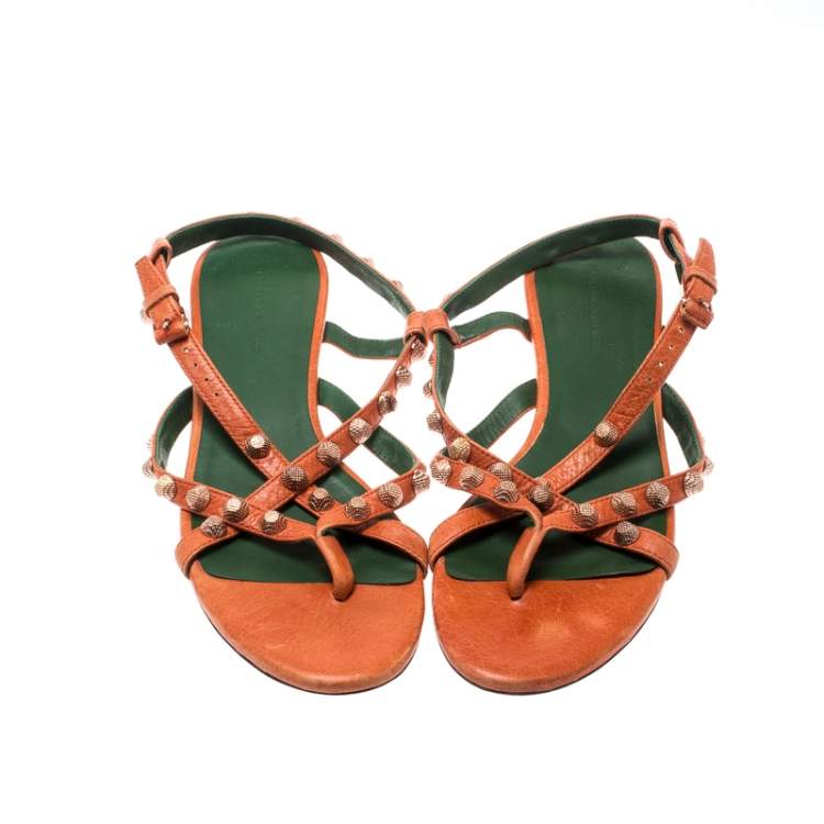 Pre Owned Balenciaga Orange Anthracite Lambskin Leather Arena Strappy Flat Thong Sandals Size 40