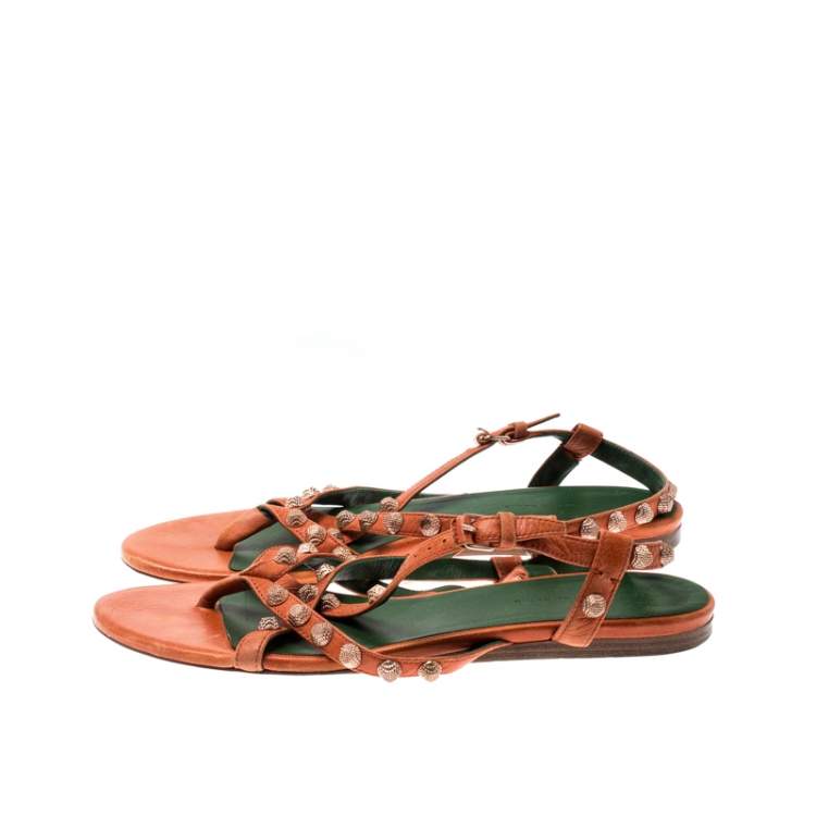 Pre Owned Balenciaga Orange Anthracite Lambskin Leather Arena Strappy Flat Thong Sandals Size 40