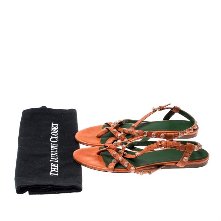 Pre Owned Balenciaga Orange Anthracite Lambskin Leather Arena Strappy Flat Thong Sandals Size 40