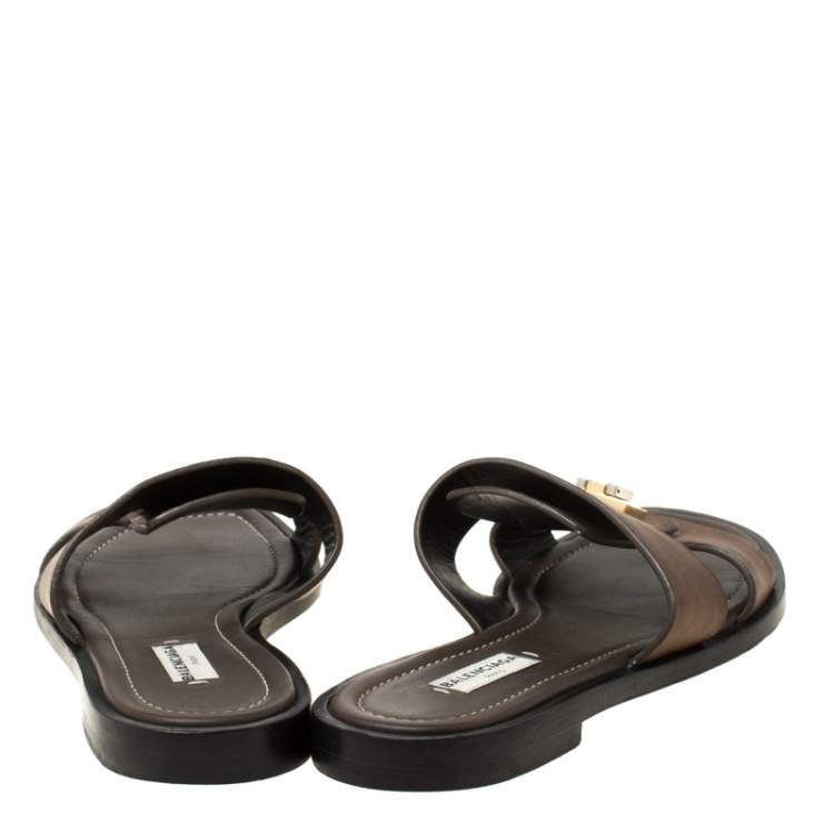 Pre Owned Balenciaga Dark Brown Leather Flip Lock Flat Slide Sandals Size 38