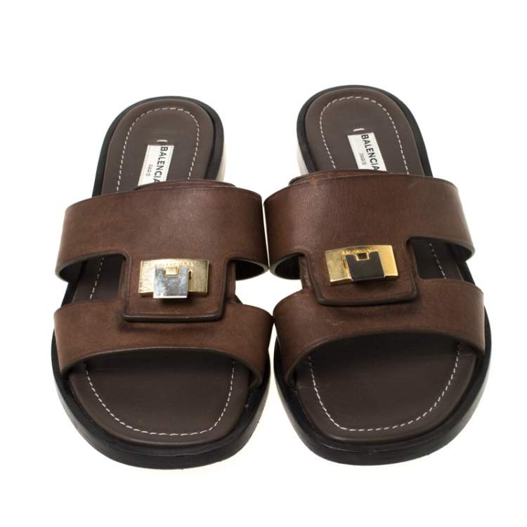 Pre Owned Balenciaga Dark Brown Leather Flip Lock Flat Slide Sandals Size 38