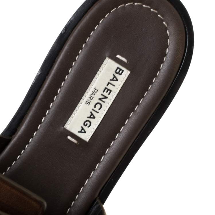 Pre Owned Balenciaga Dark Brown Leather Flip Lock Flat Slide Sandals Size 38