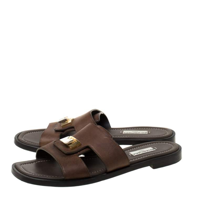 Pre Owned Balenciaga Dark Brown Leather Flip Lock Flat Slide Sandals Size 38