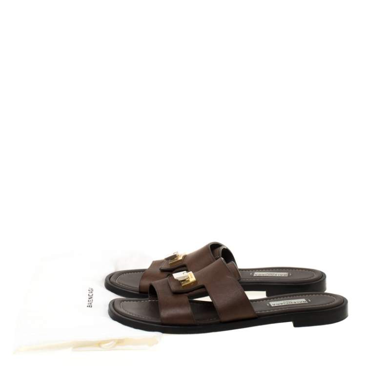 Pre Owned Balenciaga Dark Brown Leather Flip Lock Flat Slide Sandals Size 38