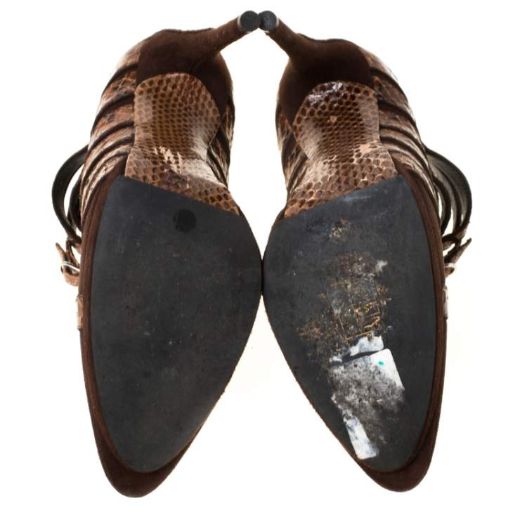 Pre Owned Balenciaga Brown Suede And Python Leather Strappy Pointed Toe Pumps Size 38.5