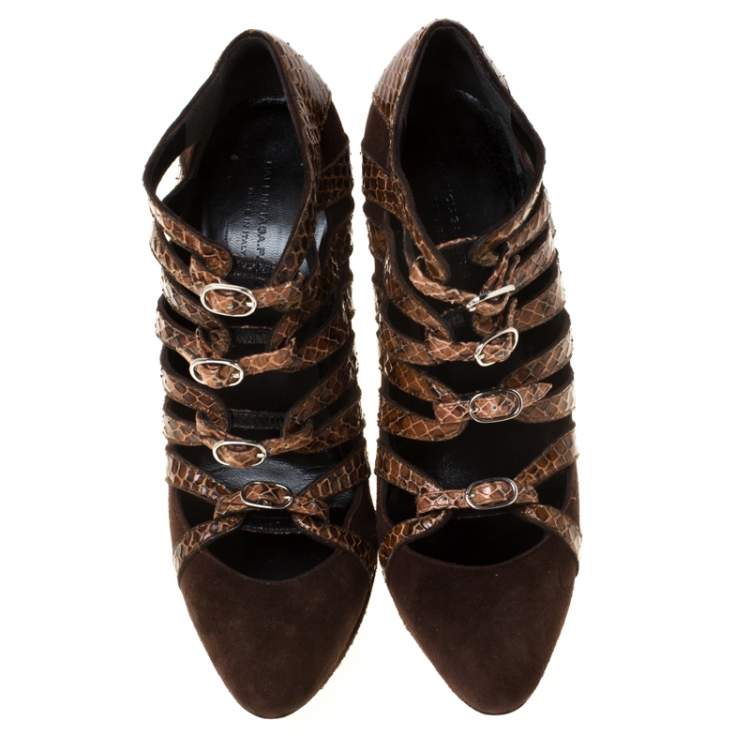 Pre Owned Balenciaga Brown Suede And Python Leather Strappy Pointed Toe Pumps Size 38.5