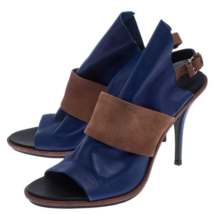 Pre Owned Balenciaga Blue/Brown Leather Open Toe Glove Slingback Sandals Size 40