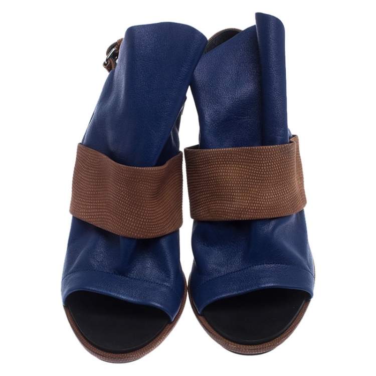Pre Owned Balenciaga Blue/Brown Leather Open Toe Glove Slingback Sandals Size 40