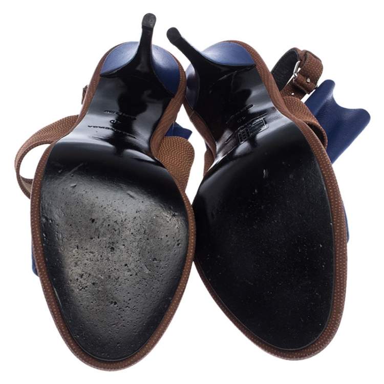 Pre Owned Balenciaga Blue/Brown Leather Open Toe Glove Slingback Sandals Size 40
