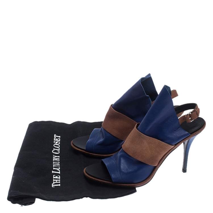 Pre Owned Balenciaga Blue/Brown Leather Open Toe Glove Slingback Sandals Size 40