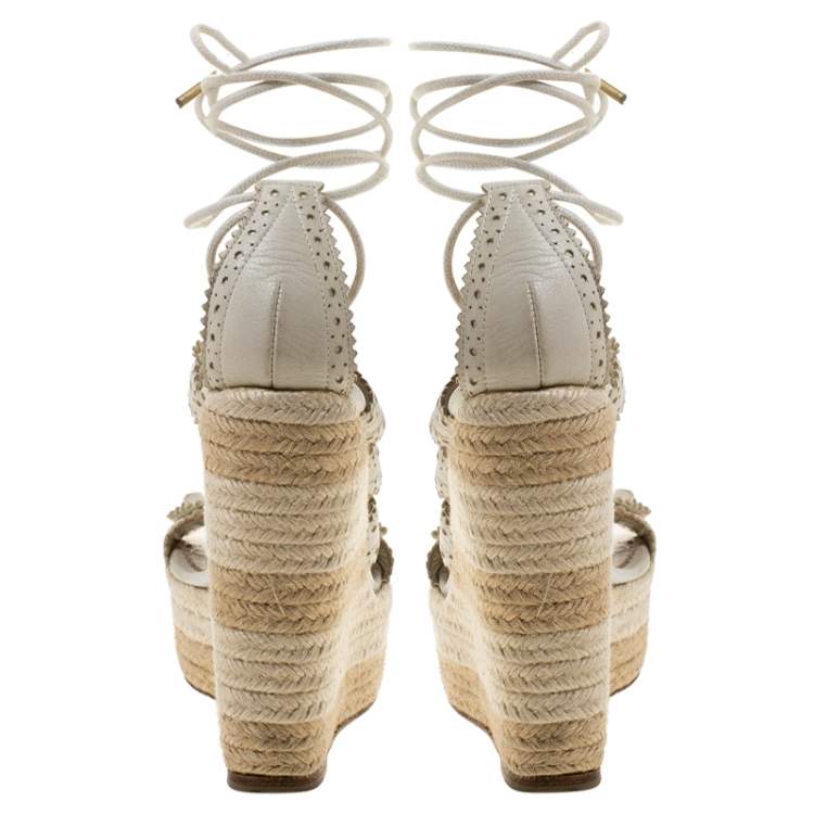 Pre Owned  Balenciaga White Leather Lace Up Espadrille Wedges Platform Ankle Wrap Sandals Size 38