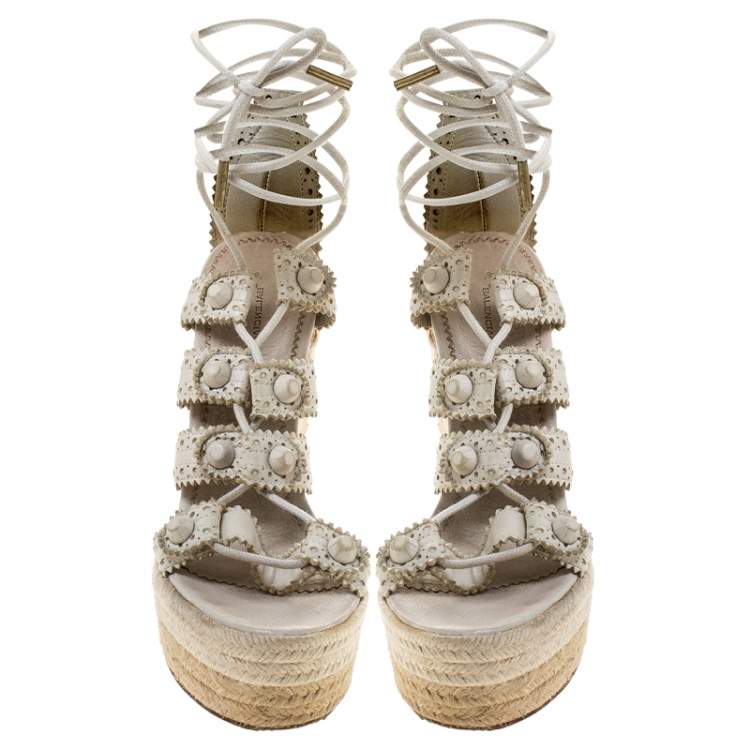 Pre Owned  Balenciaga White Leather Lace Up Espadrille Wedges Platform Ankle Wrap Sandals Size 38