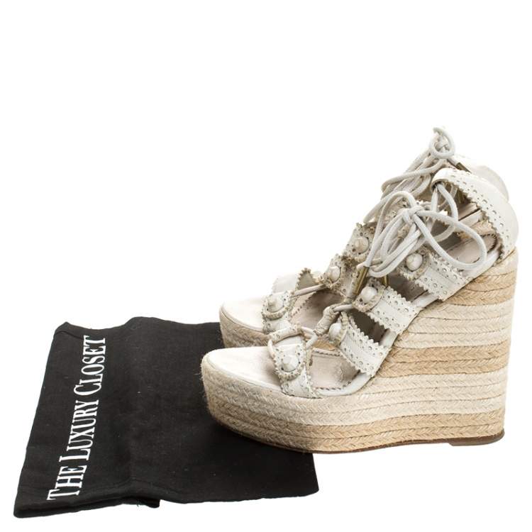 Pre Owned  Balenciaga White Leather Lace Up Espadrille Wedges Platform Ankle Wrap Sandals Size 38