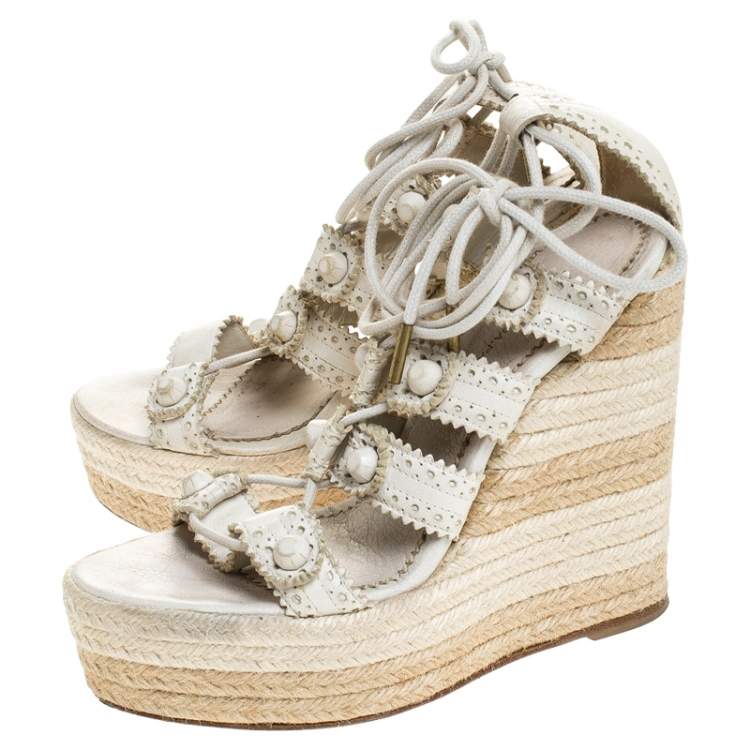 Pre Owned  Balenciaga White Leather Lace Up Espadrille Wedges Platform Ankle Wrap Sandals Size 38