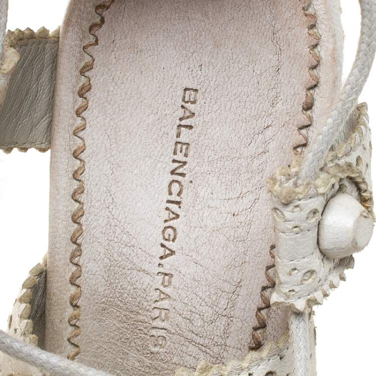 Pre Owned  Balenciaga White Leather Lace Up Espadrille Wedges Platform Ankle Wrap Sandals Size 38