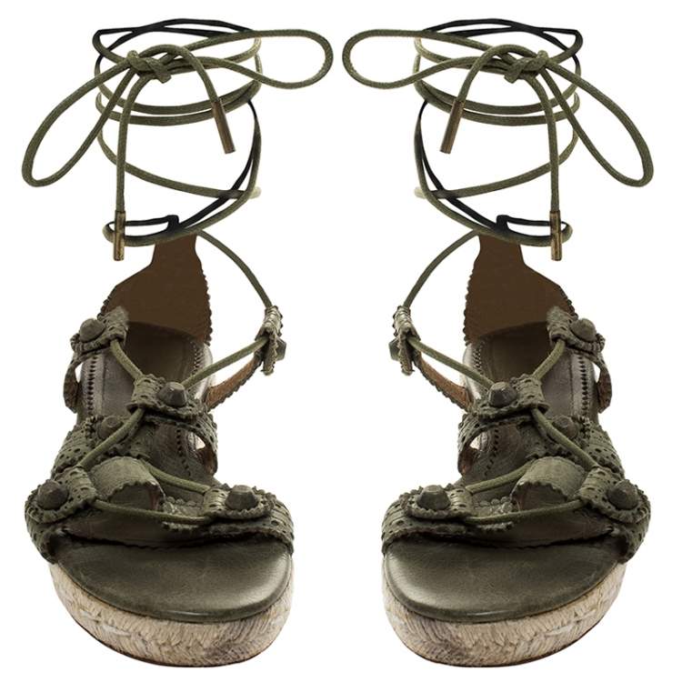 Pre Owned Balenciaga Green Leather Espadrille Ankle Wrap Flats Sandals Size 37 