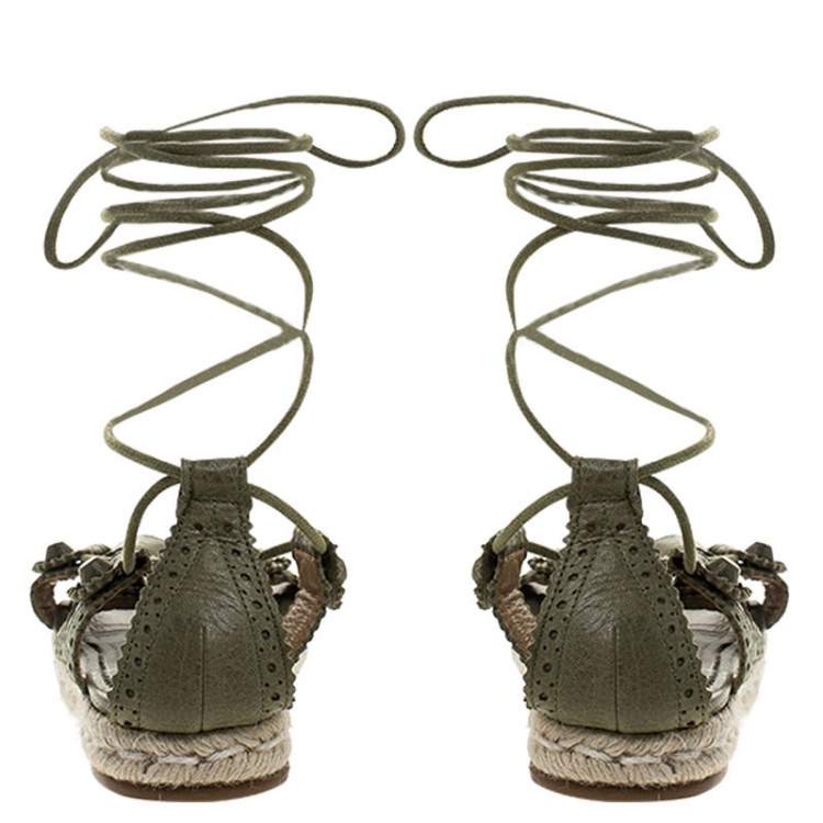 Pre Owned Balenciaga Green Leather Espadrille Ankle Wrap Flats Sandals Size 37 