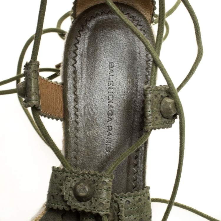 Pre Owned Balenciaga Green Leather Espadrille Ankle Wrap Flats Sandals Size 37 