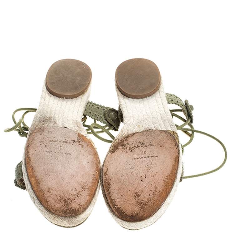 Pre Owned Balenciaga Green Leather Espadrille Ankle Wrap Flats Sandals Size 37 