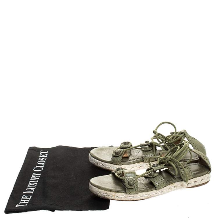 Pre Owned Balenciaga Green Leather Espadrille Ankle Wrap Flats Sandals Size 37 