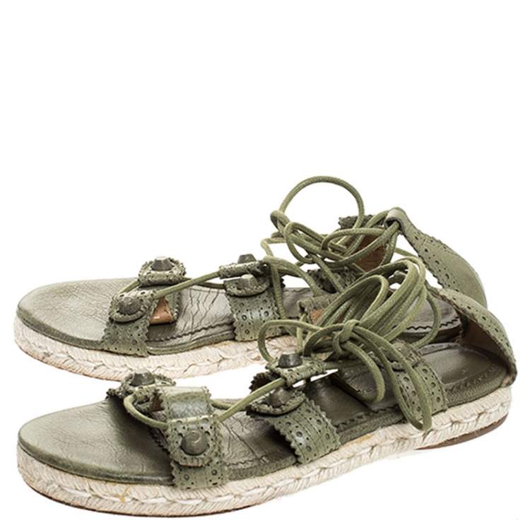 Pre Owned Balenciaga Green Leather Espadrille Ankle Wrap Flats Sandals Size 37 