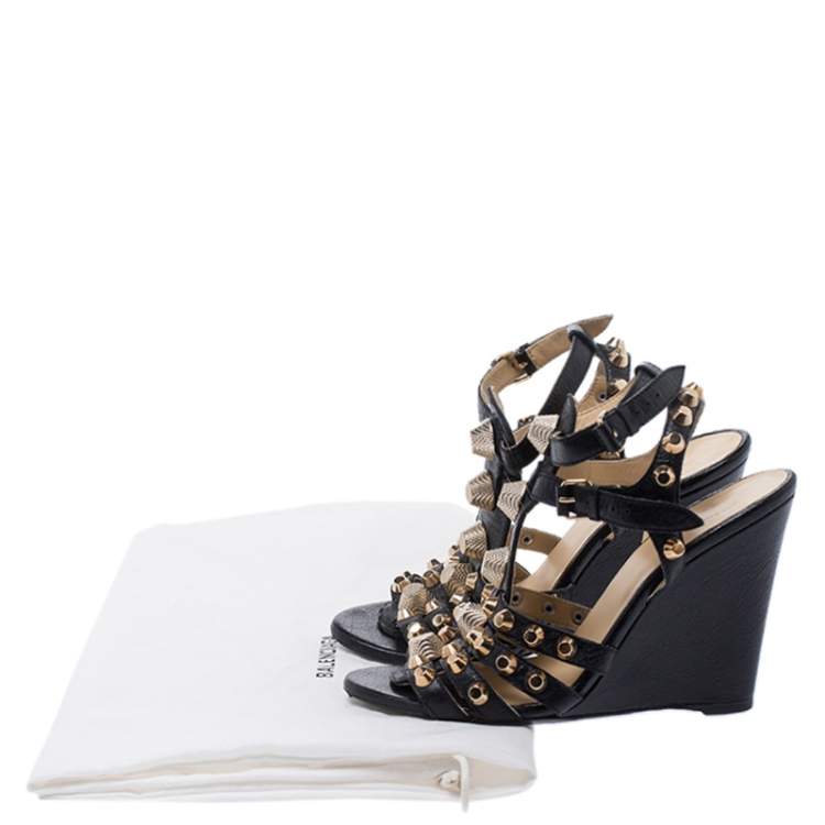 Pre Owned Balenciaga Black Leather Arena Studded Gladiator Wedge Sandals Size 38.5