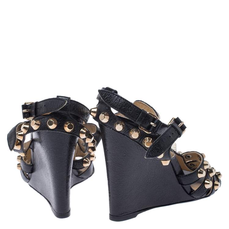Pre Owned Balenciaga Black Leather Arena Studded Gladiator Wedge Sandals Size 38.5