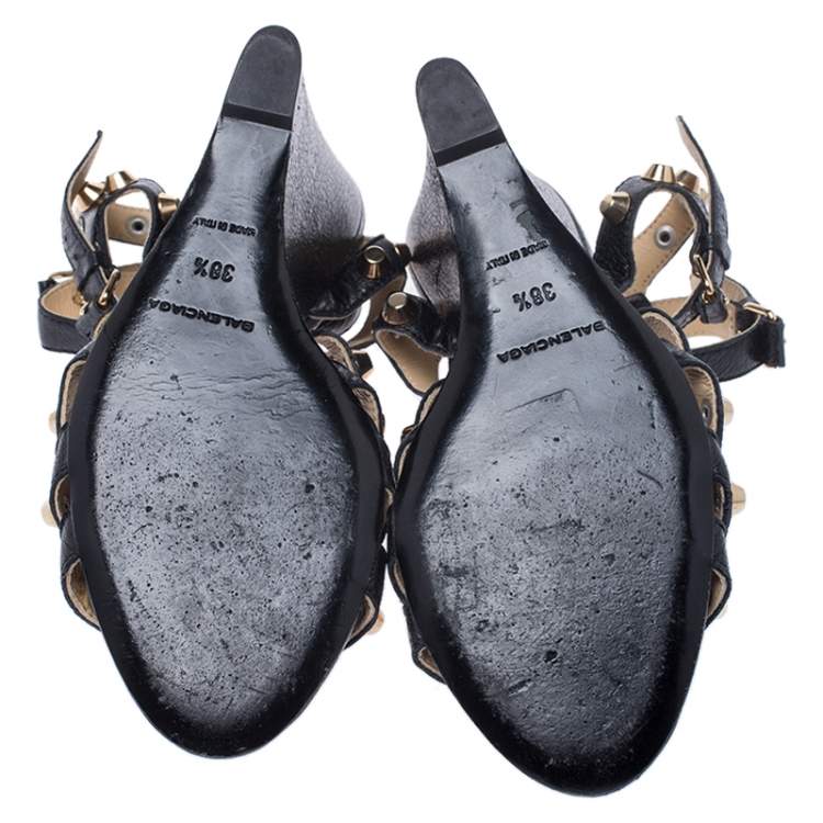 Pre Owned Balenciaga Black Leather Arena Studded Gladiator Wedge Sandals Size 38.5