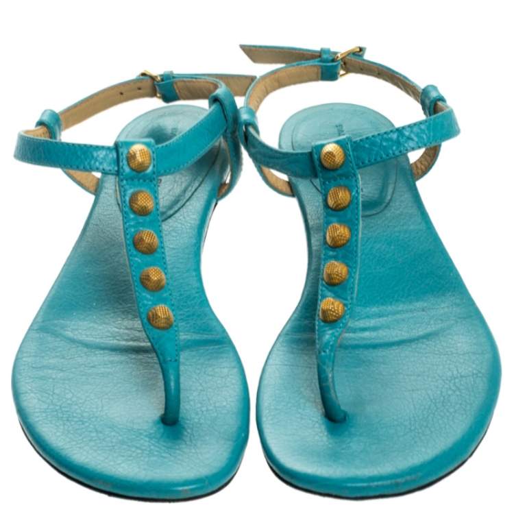 Pre Owned Balenciaga Turquoise Studded Leather Arena Thong Sandals Size 37