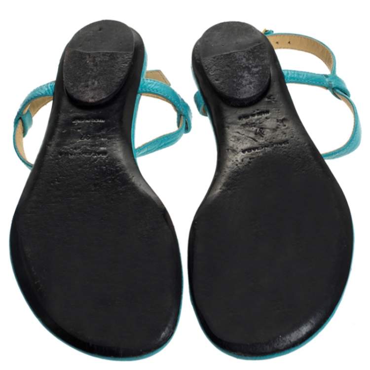 Pre Owned Balenciaga Turquoise Studded Leather Arena Thong Sandals Size 37