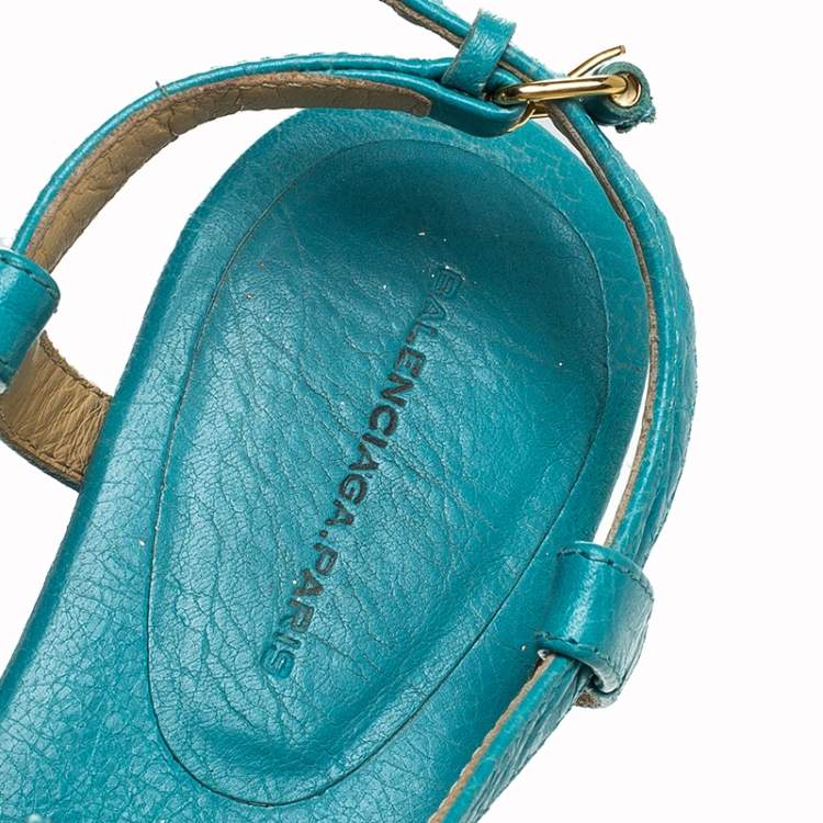 Pre Owned Balenciaga Turquoise Studded Leather Arena Thong Sandals Size 37