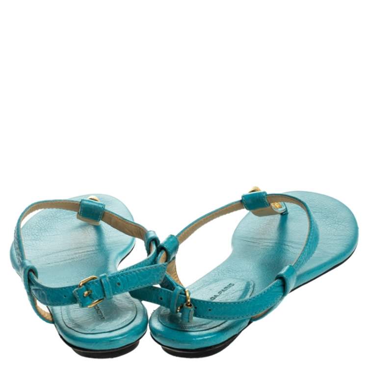 Pre Owned Balenciaga Turquoise Studded Leather Arena Thong Sandals Size 37