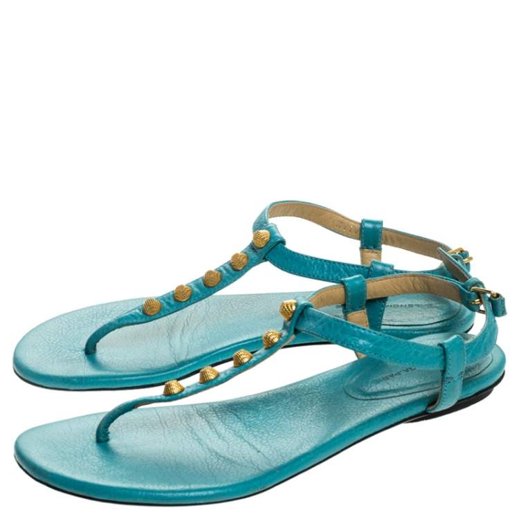 Pre Owned Balenciaga Turquoise Studded Leather Arena Thong Sandals Size 37