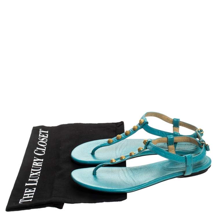 Pre Owned Balenciaga Turquoise Studded Leather Arena Thong Sandals Size 37
