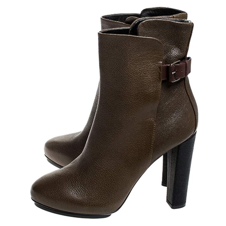 Pre Owned Balenciaga Brown/Black Textured Leather Block Heel Ankle Boots Size 38.5