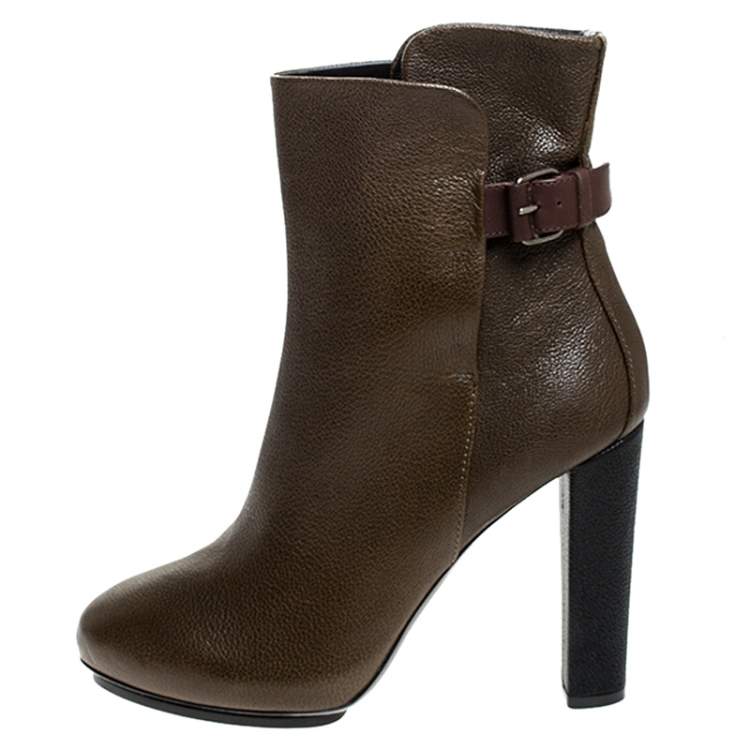 Pre Owned Balenciaga Brown/Black Textured Leather Block Heel Ankle Boots Size 38.5