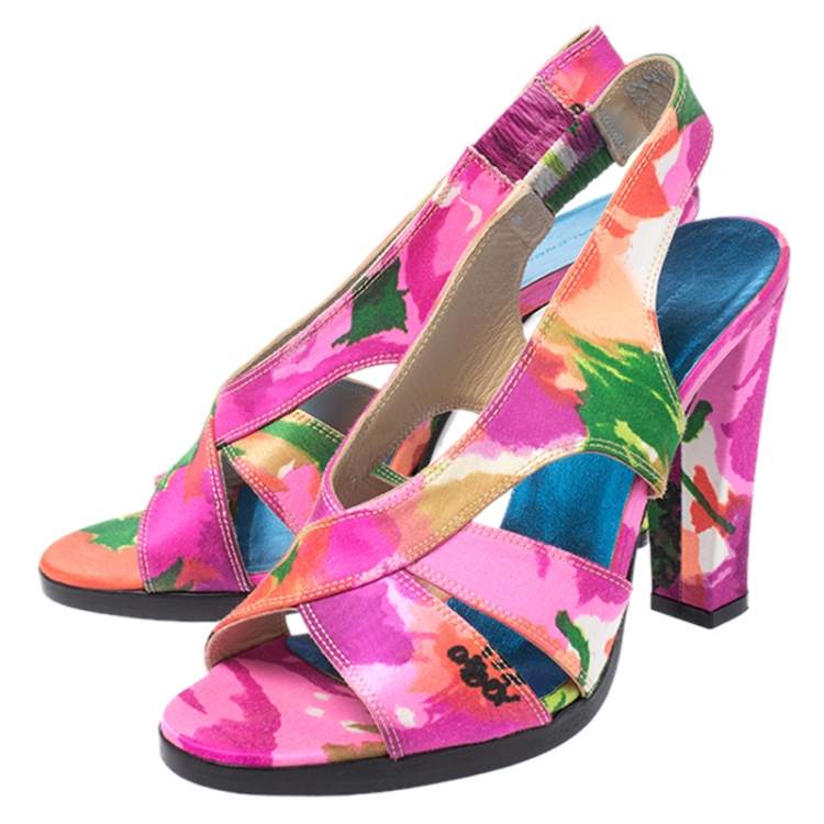 Pre Owned Balenciaga Multicolor Printed Satin Slingback Open Toe Sandals Size 37