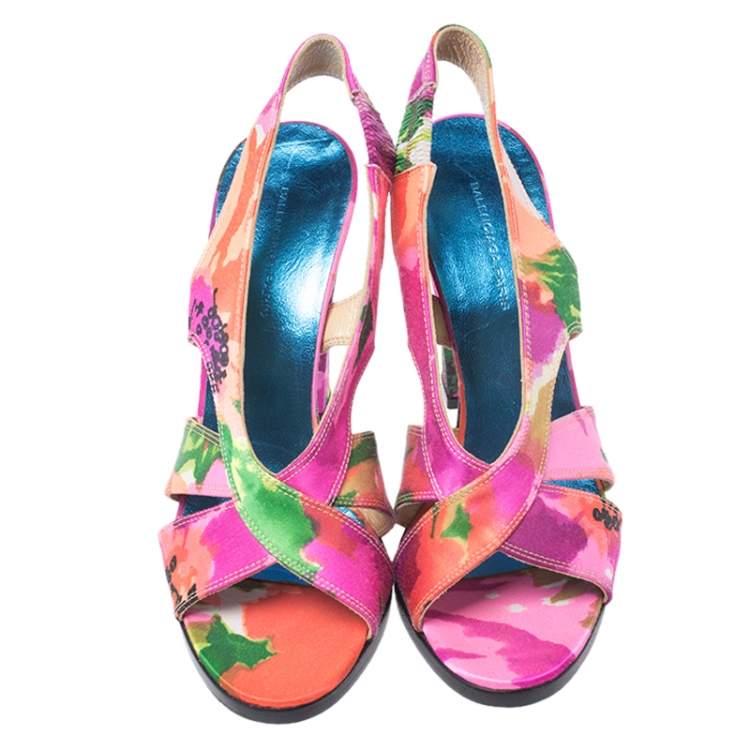 Pre Owned Balenciaga Multicolor Printed Satin Slingback Open Toe Sandals Size 37