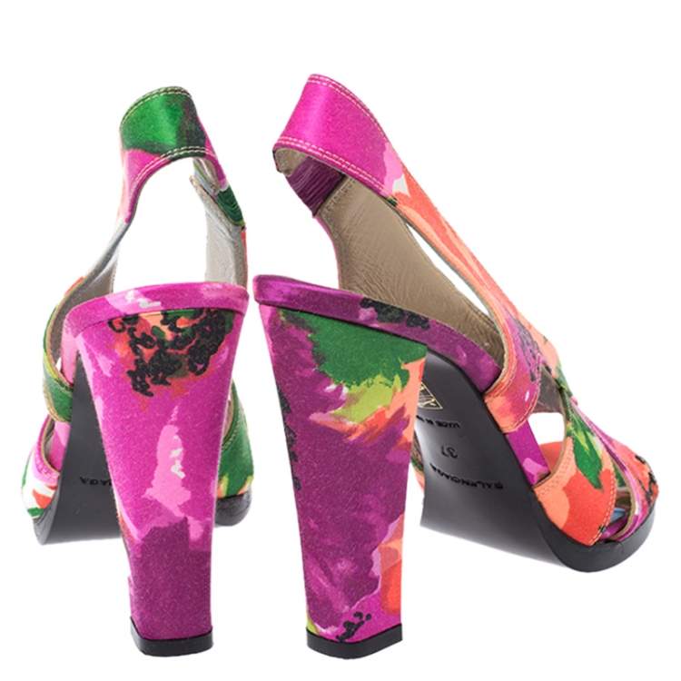 Pre Owned Balenciaga Multicolor Printed Satin Slingback Open Toe Sandals Size 37