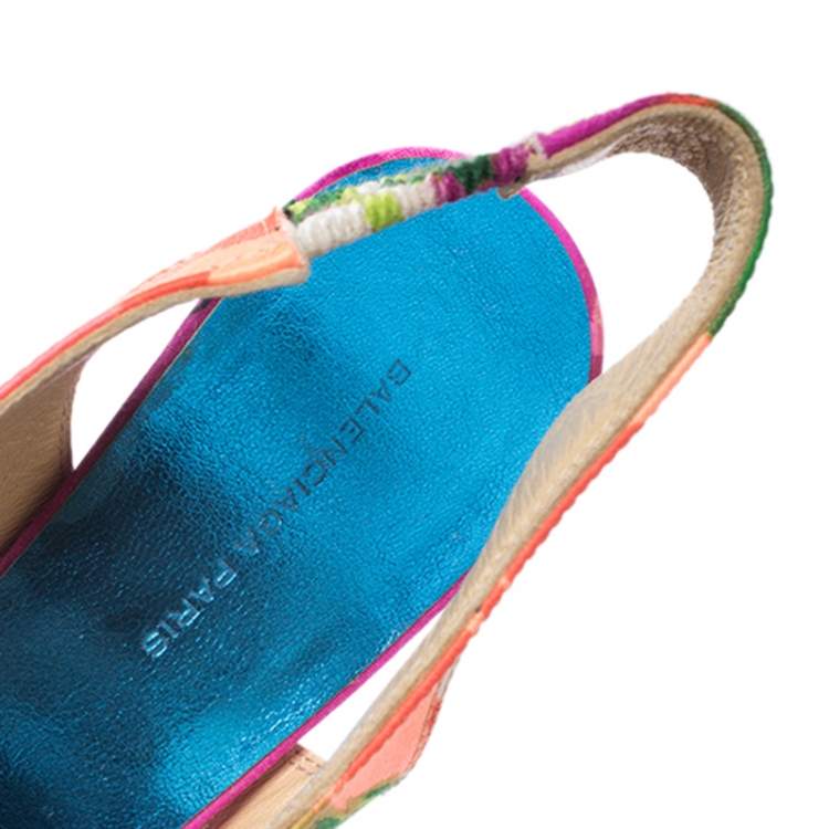Pre Owned Balenciaga Multicolor Printed Satin Slingback Open Toe Sandals Size 37
