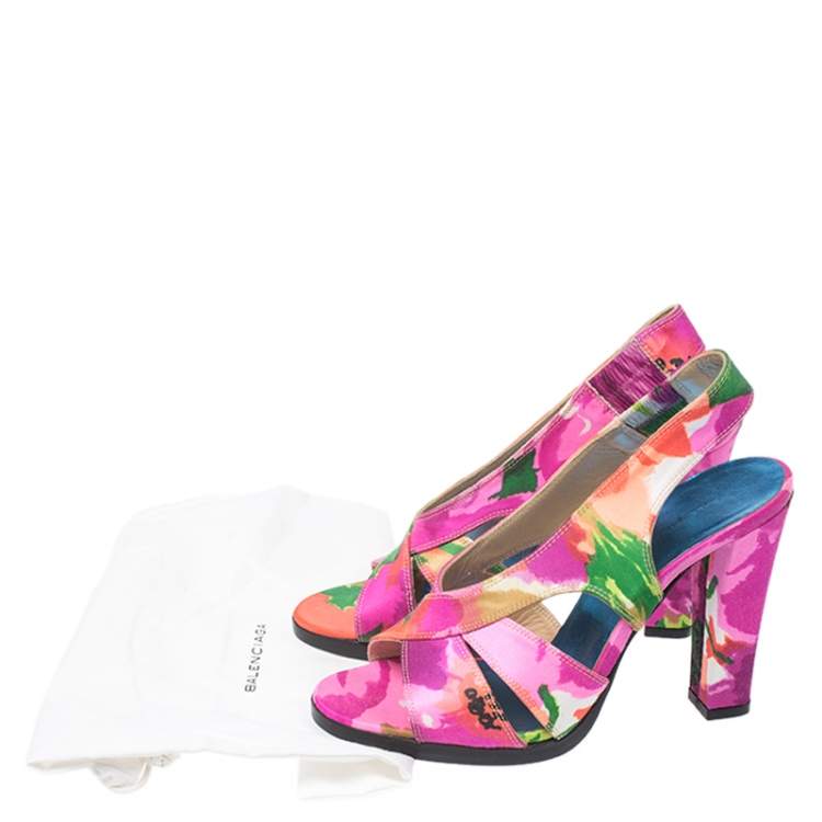 Pre Owned Balenciaga Multicolor Printed Satin Slingback Open Toe Sandals Size 37