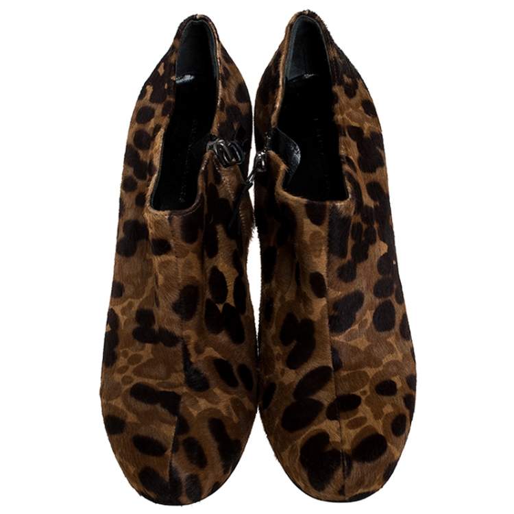 Pre Owned Balenciaga Brown/Black Leopard Print Calfhair Zip Booties Size 39