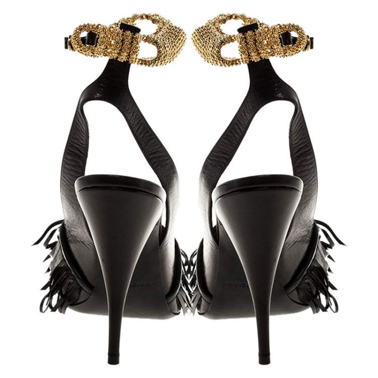 Pre Owned Balenciaga Black Fringe Leather Chain Ankle Strap Sandals Size 41